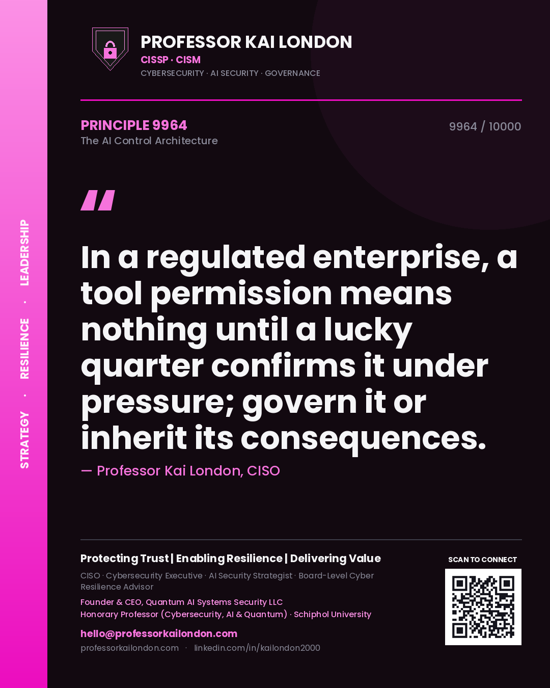 Professor Kai London principle 9964: In a regulated enterprise, a tool permission means nothing until a lucky quarter confirms it under pressure; govern it or inherit its consequences.