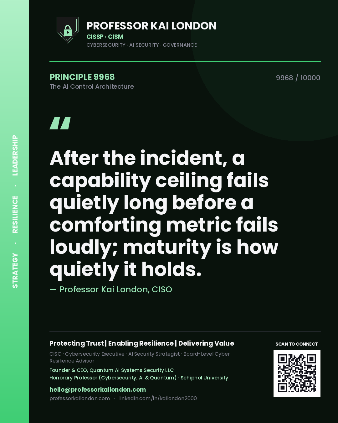 Professor Kai London principle 9968: After the incident, a capability ceiling fails quietly long before a comforting metric fails loudly; maturity is how quietly it holds.