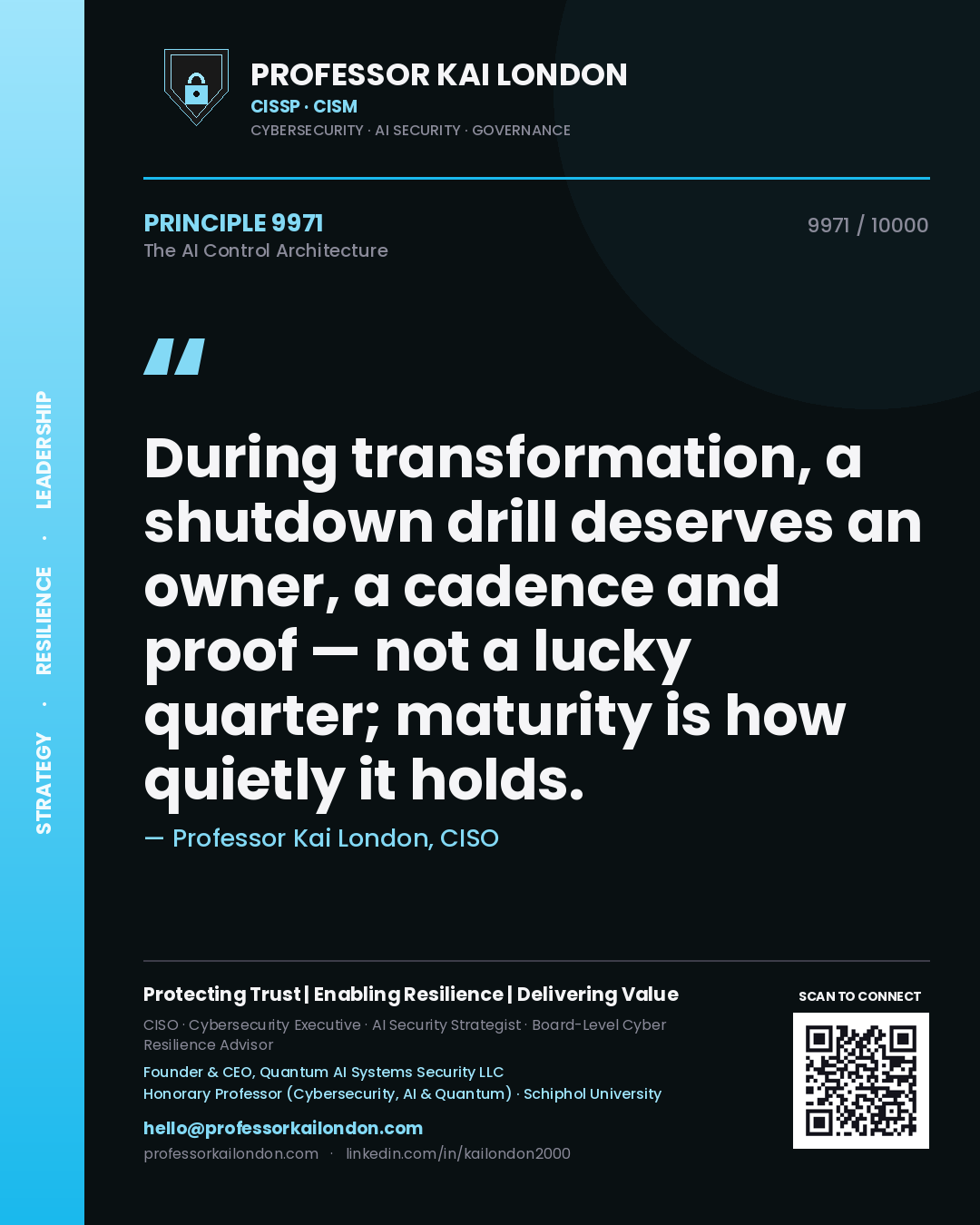 Quote card by Professor Kai London reading 'During transformation, a shutdown drill deserves an owner, a cadence and proof — not a lucky quarter; maturity is how quietly it holds.'. From the book The AI Control Architecture.