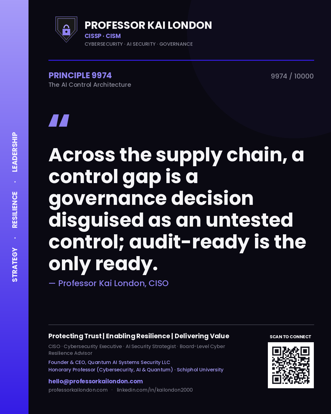 Professor Kai London principle 9974: Across the supply chain, a control gap is a governance decision disguised as an untested control; audit-ready is the only ready.