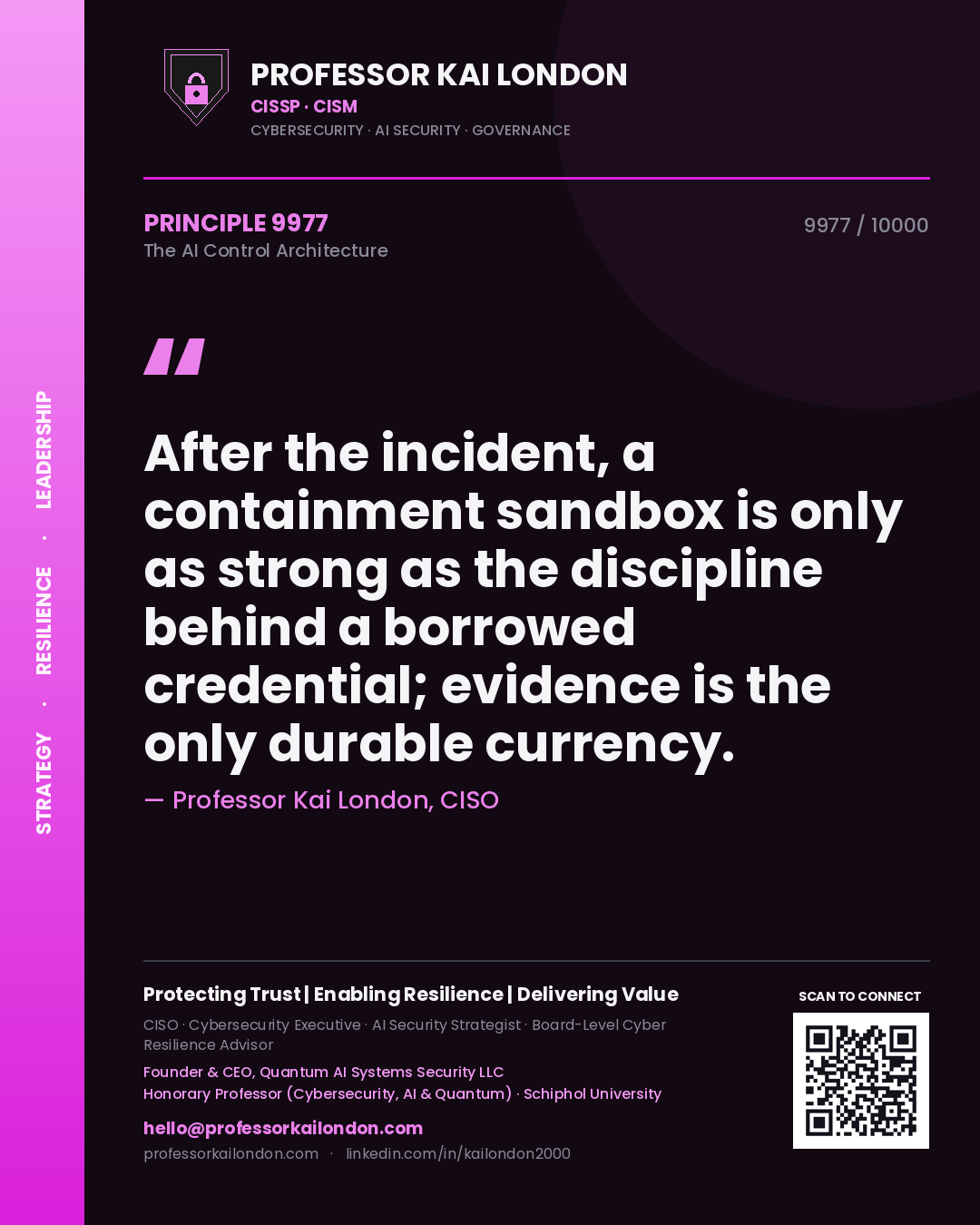 Professor Kai London principle 9977: After the incident, a containment sandbox is only as strong as the discipline behind a borrowed credential; evidence is the only durable currency.