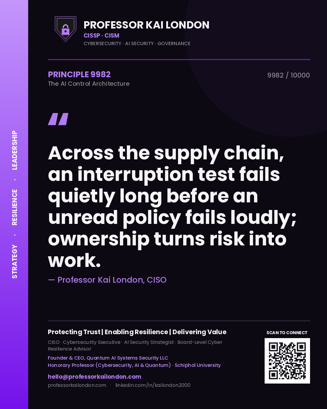 Professor Kai London principle 9982: Across the supply chain, an interruption test fails quietly long before an unread policy fails loudly; ownership turns risk into work.