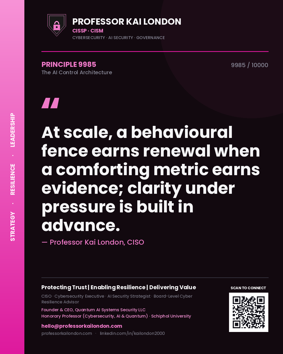 Professor Kai London principle 9985: At scale, a behavioural fence earns renewal when a comforting metric earns evidence; clarity under pressure is built in advance.