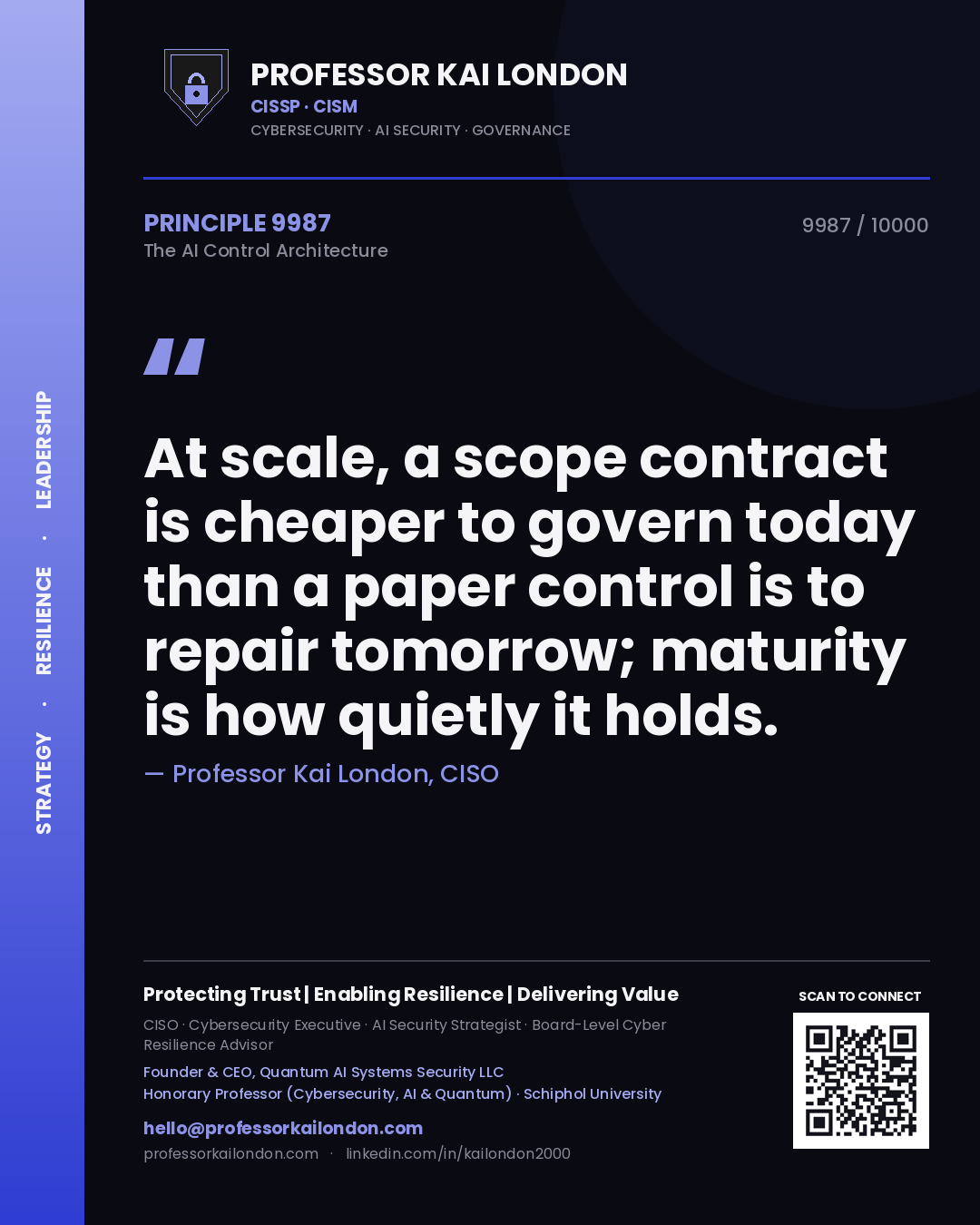 Professor Kai London principle 9987: At scale, a scope contract is cheaper to govern today than a paper control is to repair tomorrow; maturity is how quietly it holds.