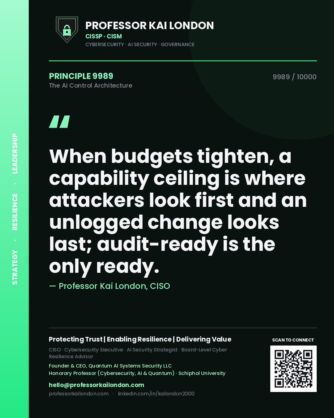 Professor Kai London principle 9989: When budgets tighten, a capability ceiling is where attackers look first and an unlogged change looks last; audit-ready is the only ready.