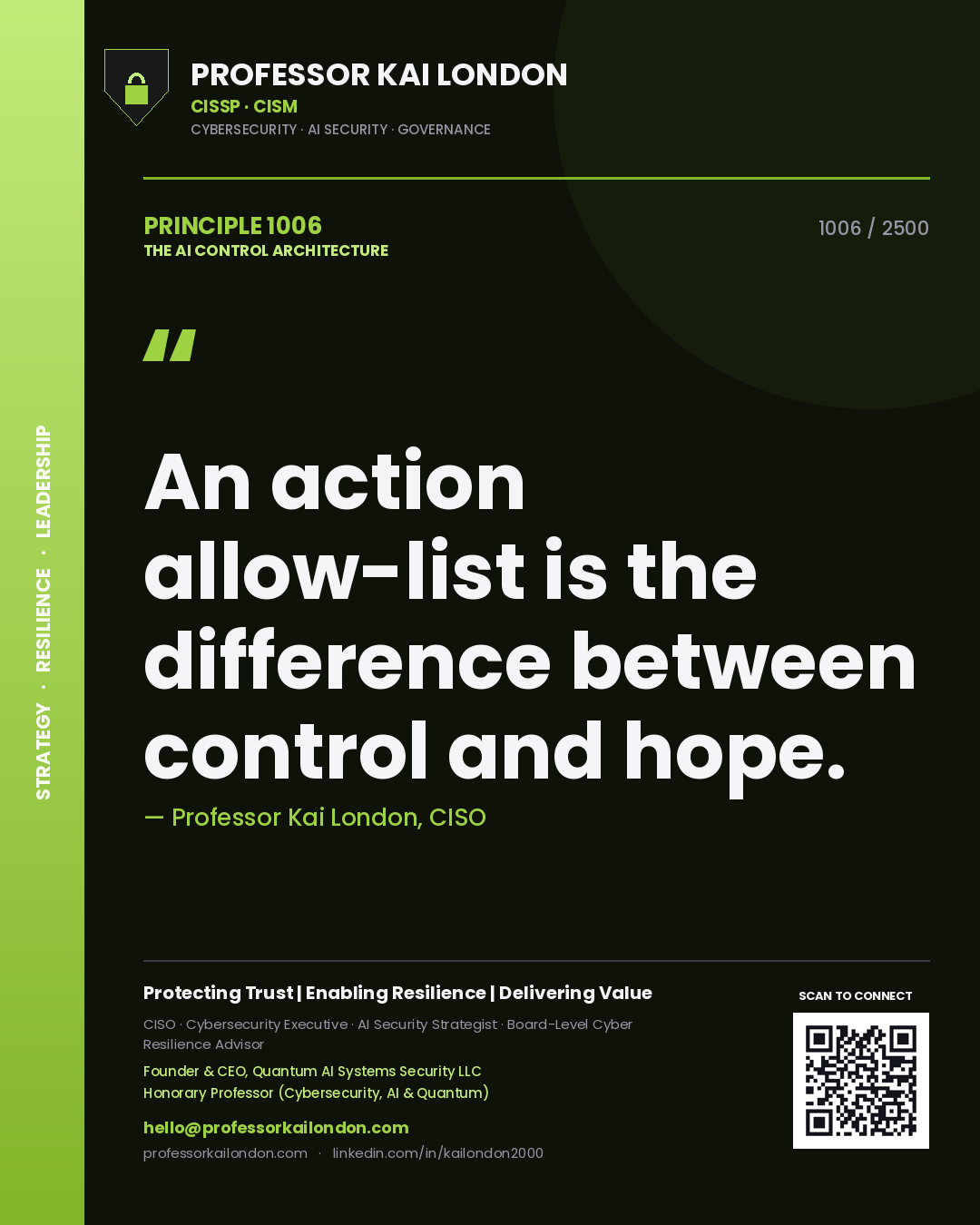 Quote card by Professor Kai London reading 'An action allow-list is the difference between control and hope.'. From the book The AI Control Architecture.