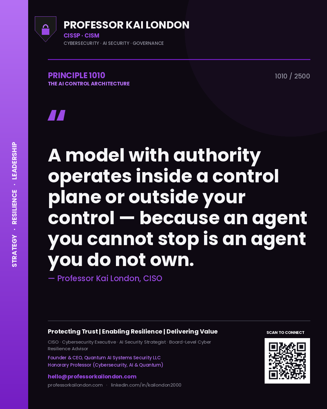 Professor Kai London principle 1010: A model with authority operates inside a control plane or outside your control — because an agent you cannot stop is an agent you do not own.