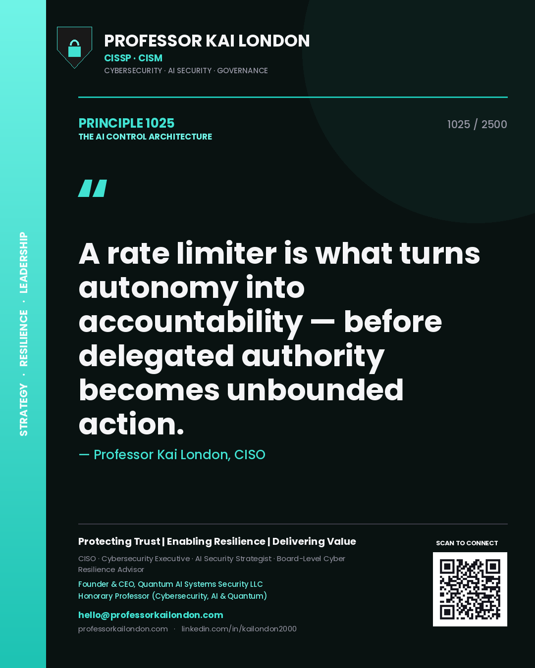 Quote card by Professor Kai London reading 'A rate limiter is what turns autonomy into accountability — before delegated authority becomes unbounded action.'. From the book The AI Control Architecture.