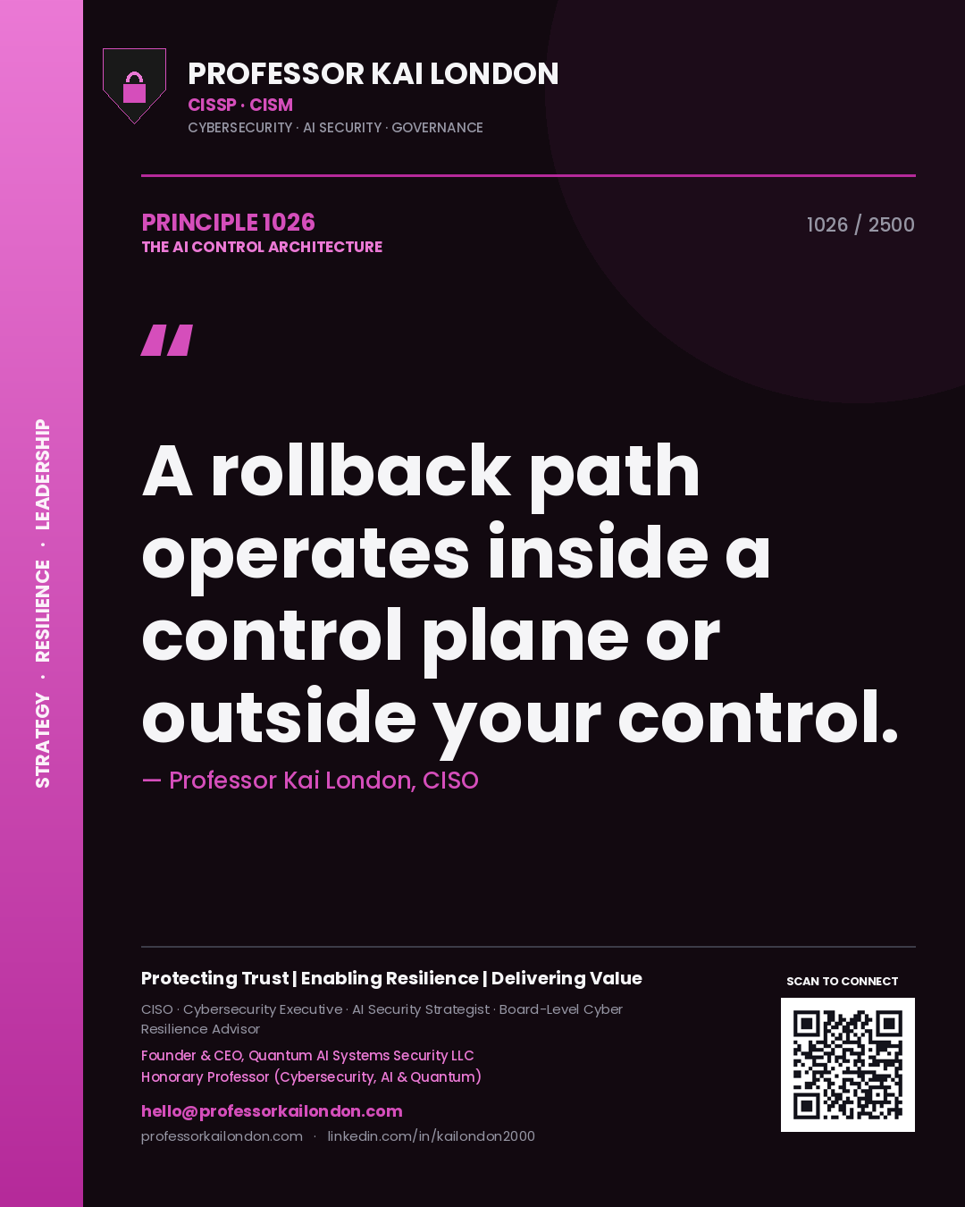 Professor Kai London principle 1026: A rollback path operates inside a control plane or outside your control.