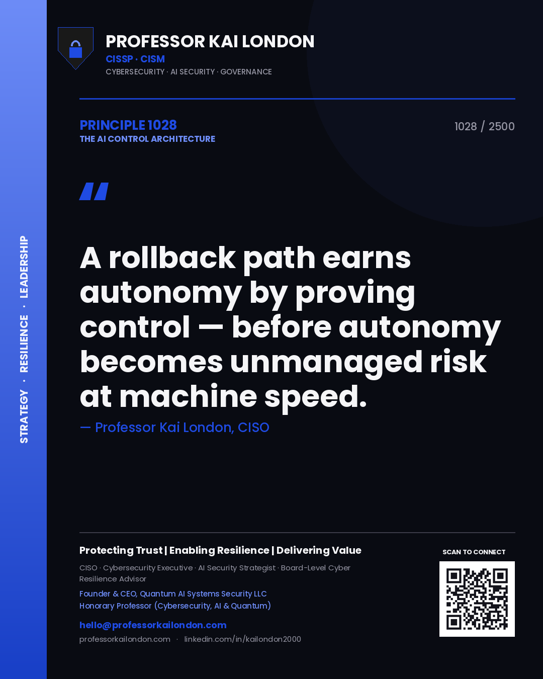 Quote card by Professor Kai London reading 'A rollback path earns autonomy by proving control — before autonomy becomes unmanaged risk at machine speed.'. From the book The AI Control Architecture.