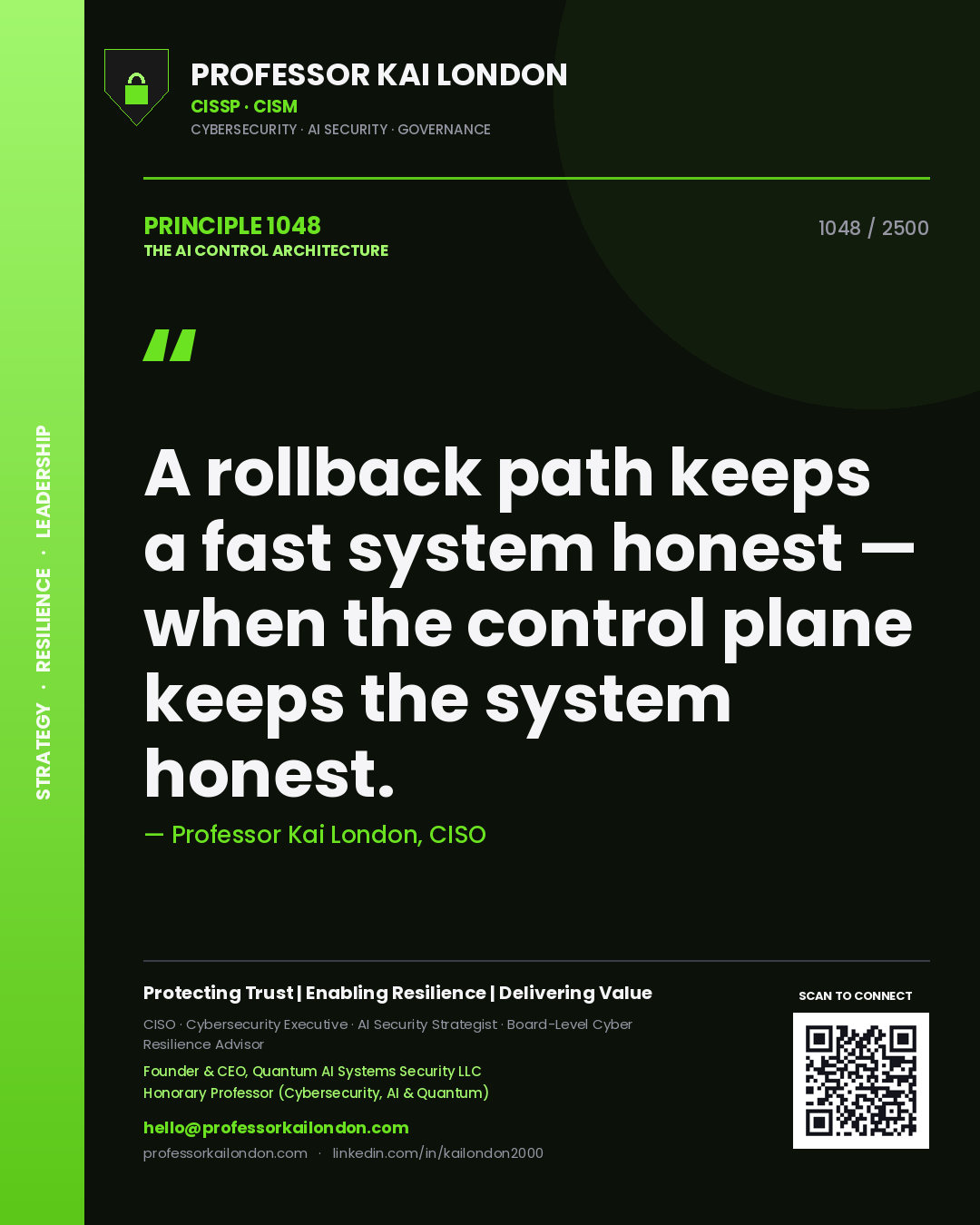 Quote card by Professor Kai London reading 'A rollback path keeps a fast system honest — when the control plane keeps the system honest.'. From the book The AI Control Architecture.