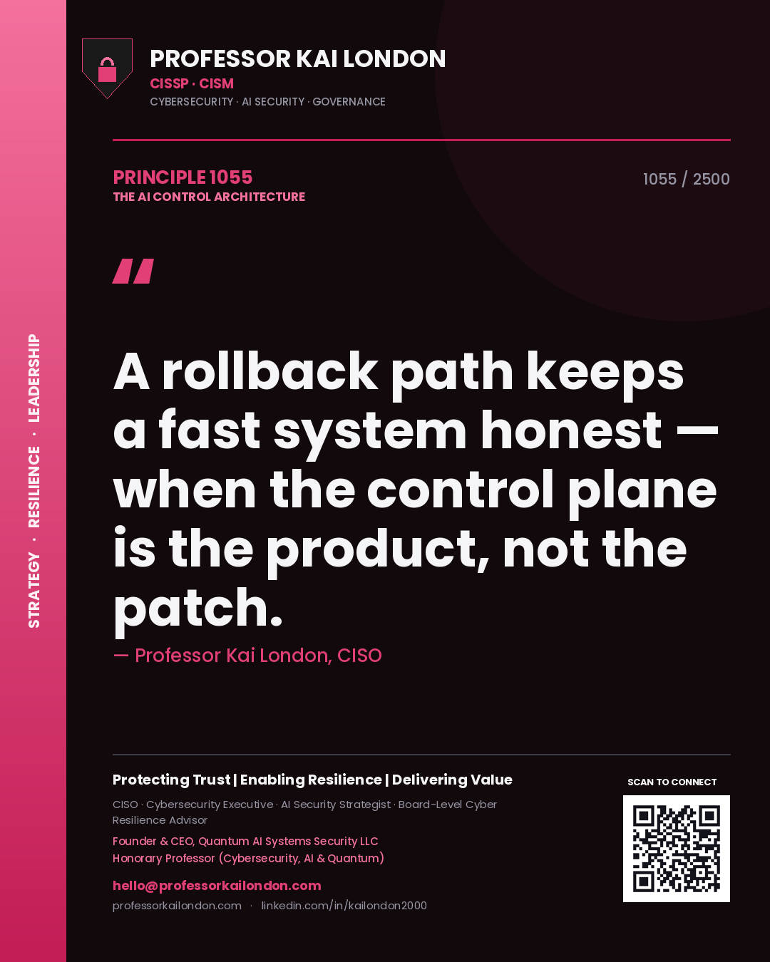 Quote card by Professor Kai London reading 'A rollback path keeps a fast system honest — when the control plane is the product, not the patch.'. From the book The AI Control Architecture.