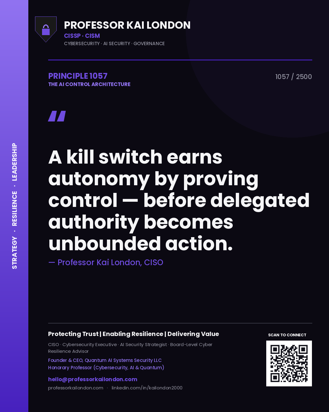 Quote card by Professor Kai London reading 'A kill switch earns autonomy by proving control — before delegated authority becomes unbounded action.'. From the book The AI Control Architecture.