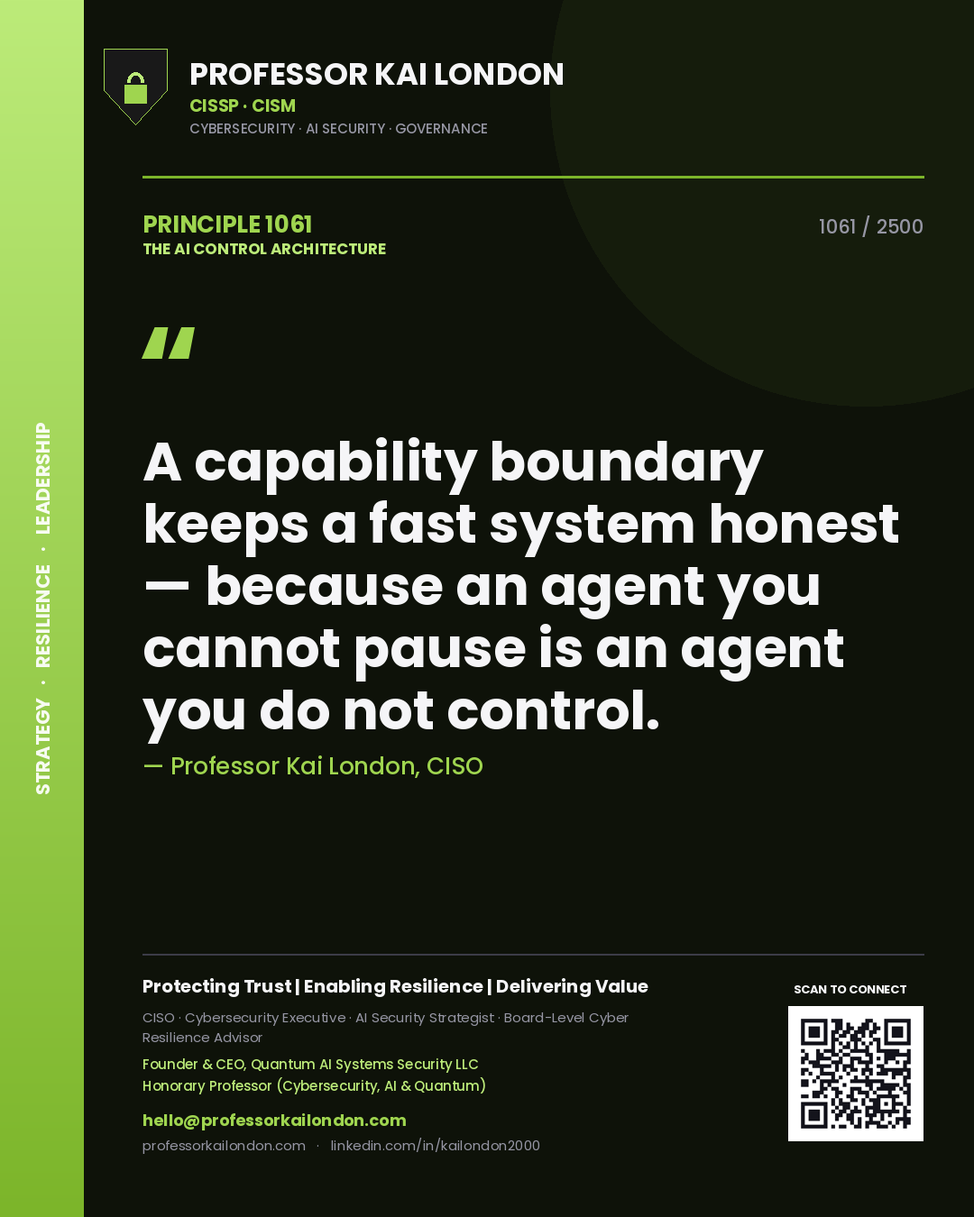 Professor Kai London principle 1061: A capability boundary keeps a fast system honest — because an agent you cannot pause is an agent you do not control.