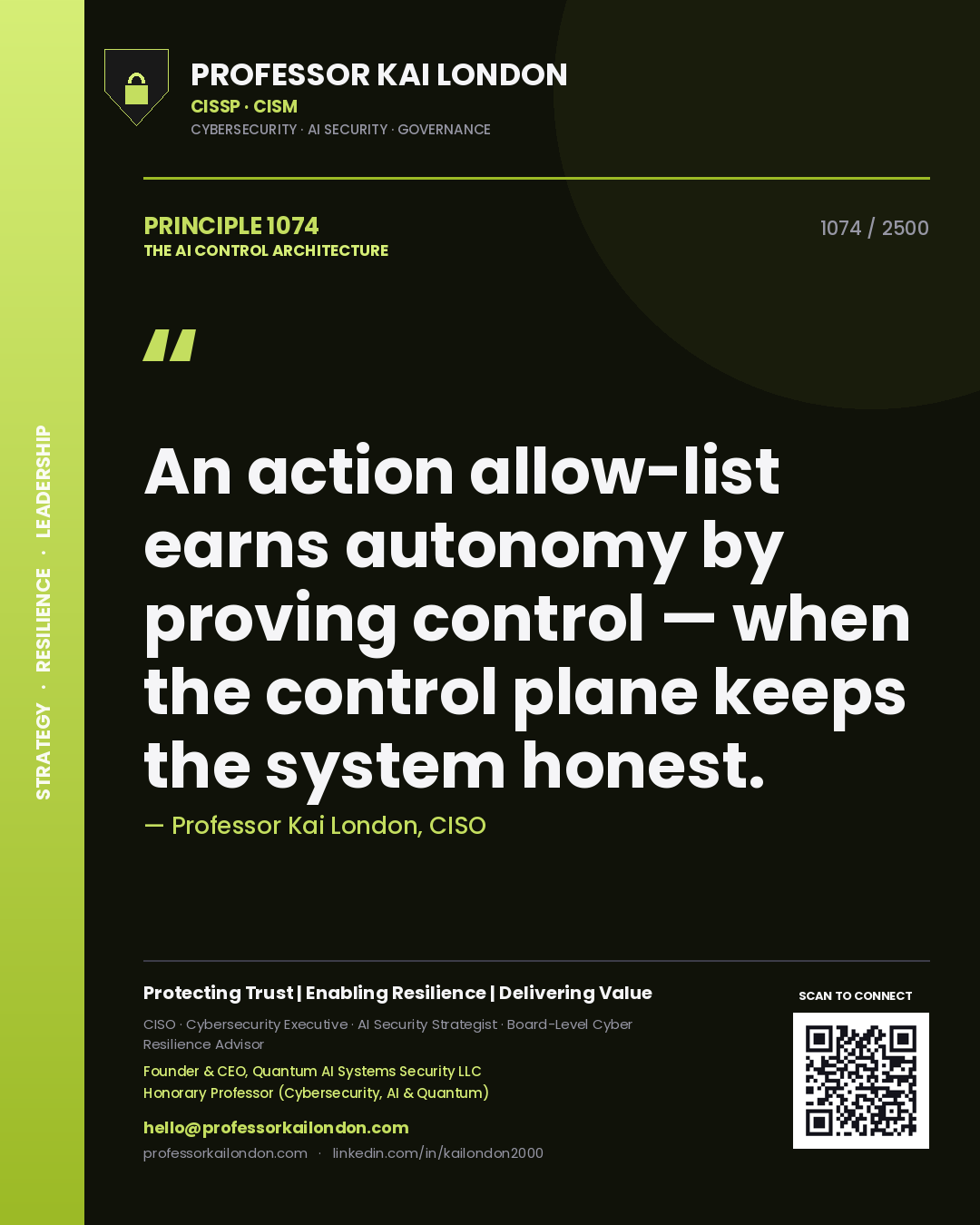 Quote card by Professor Kai London reading 'An action allow-list earns autonomy by proving control — when the control plane keeps the system honest.'. From the book The AI Control Architecture.