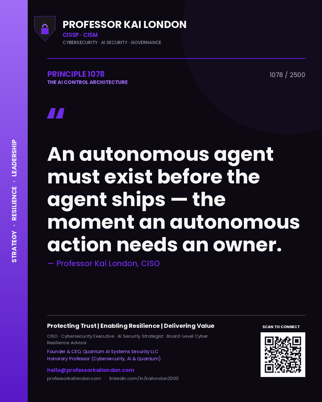 Professor Kai London principle 1078: An autonomous agent must exist before the agent ships — the moment an autonomous action needs an owner.