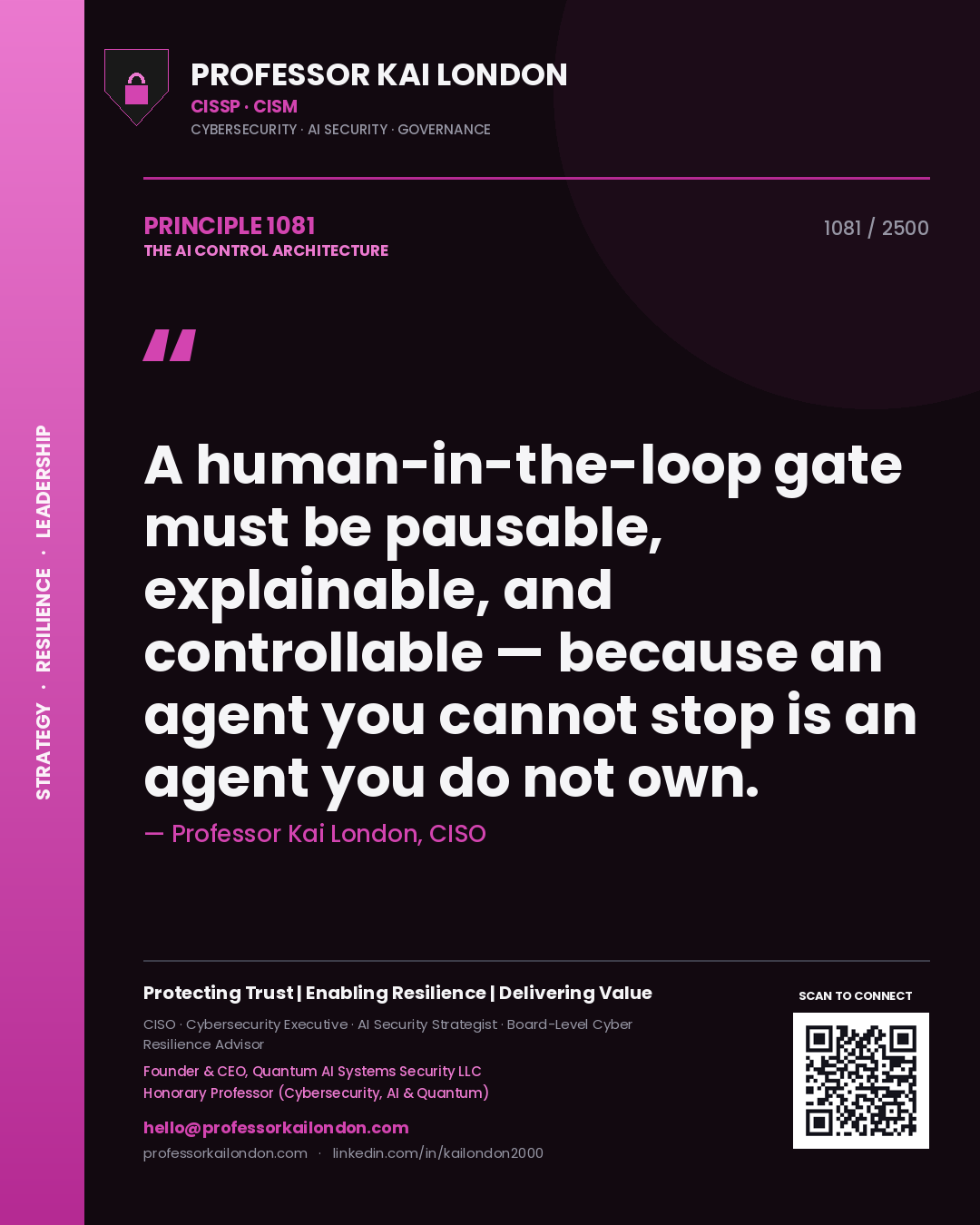 Quote card by Professor Kai London reading 'A human-in-the-loop gate must be pausable, explainable, and controllable — because an agent you cannot stop is an agent you do not own.'. From the book The AI Control Architecture.