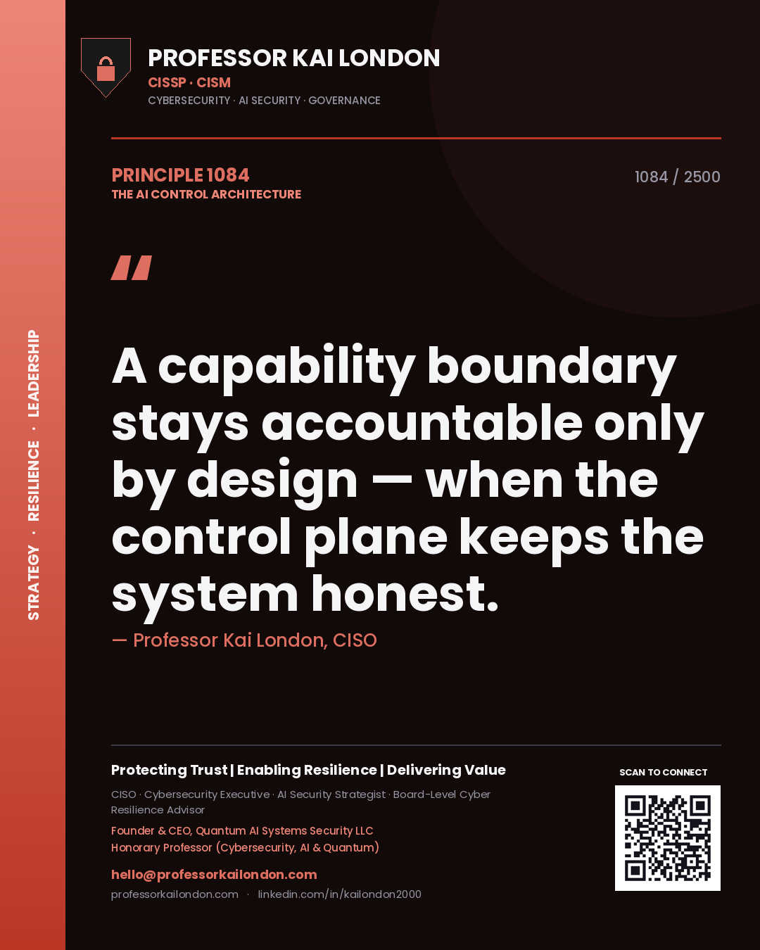 Professor Kai London principle 1084: A capability boundary stays accountable only by design — when the control plane keeps the system honest.