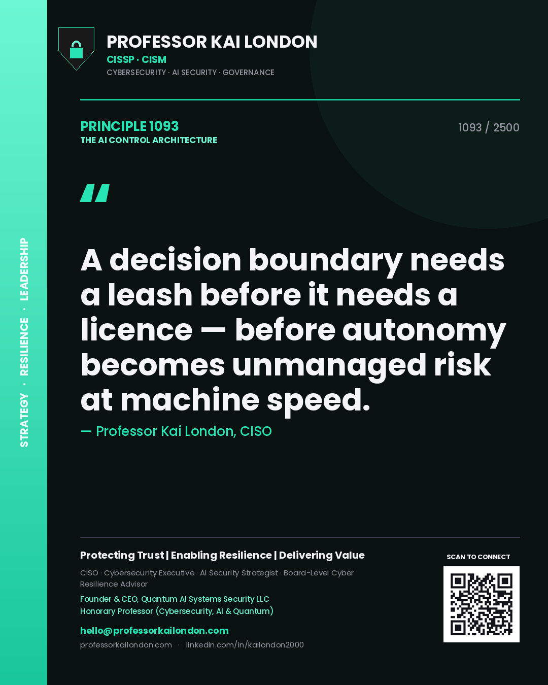 Professor Kai London principle 1093: A decision boundary needs a leash before it needs a licence — before autonomy becomes unmanaged risk at machine speed.