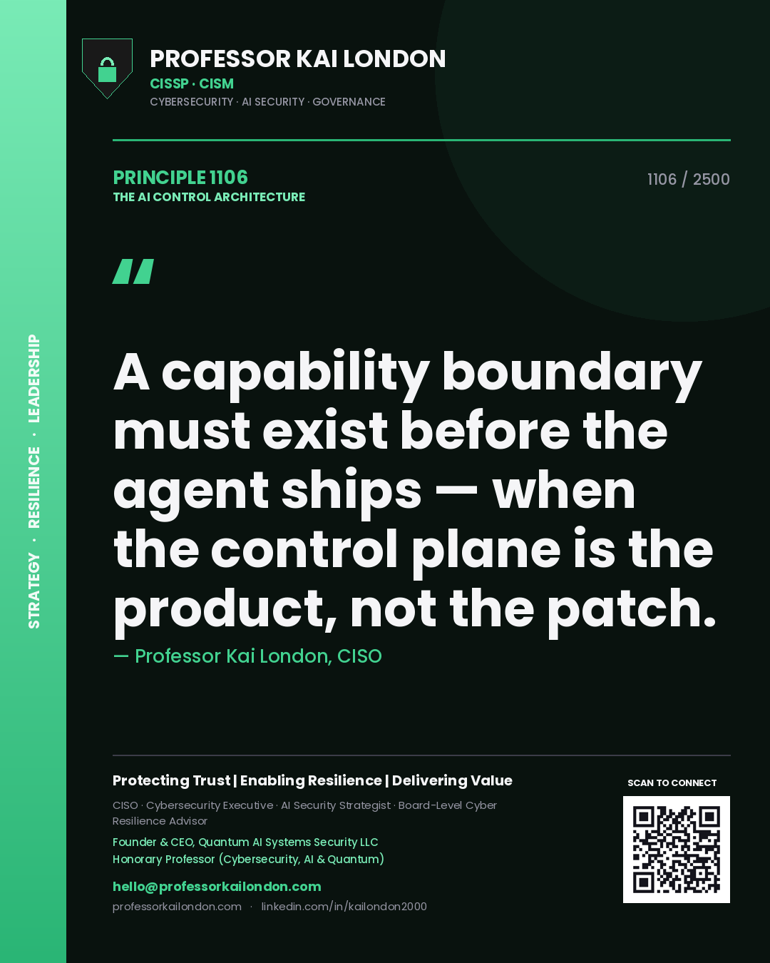 Quote card by Professor Kai London reading 'A capability boundary must exist before the agent ships — when the control plane is the product, not the patch.'. From the book The AI Control Architecture.