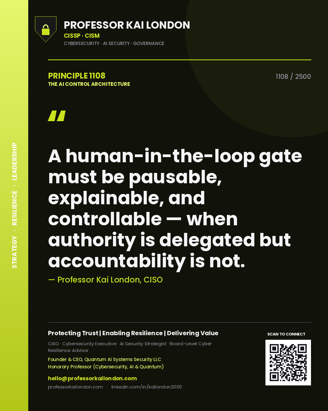 Quote card by Professor Kai London reading 'A human-in-the-loop gate must be pausable, explainable, and controllable — when authority is delegated but accountability is not.'. From the book The AI Control Architecture.