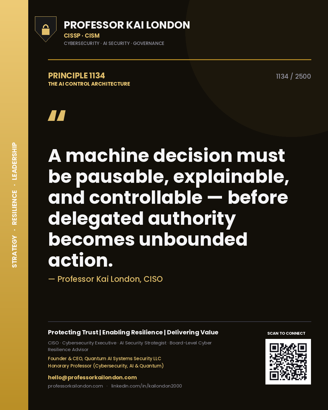 Quote card by Professor Kai London reading 'A machine decision must be pausable, explainable, and controllable — before delegated authority becomes unbounded action.'. From the book The AI Control Architecture.