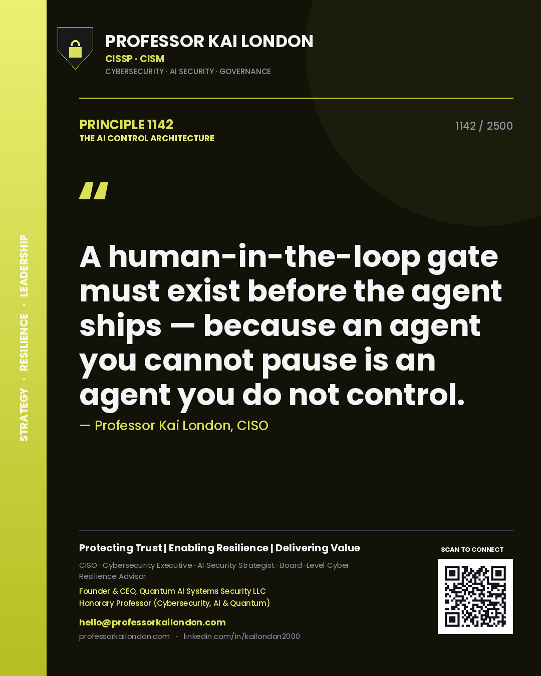 Quote card by Professor Kai London reading 'A human-in-the-loop gate must exist before the agent ships — because an agent you cannot pause is an agent you do not control.'. From the book The AI Control Architecture.