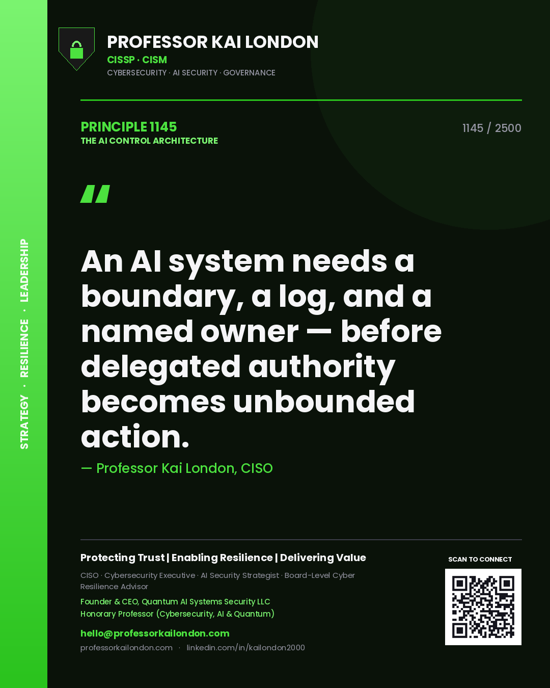 Quote card by Professor Kai London reading 'An AI system needs a boundary, a log, and a named owner — before delegated authority becomes unbounded action.'. From the book The AI Control Architecture.