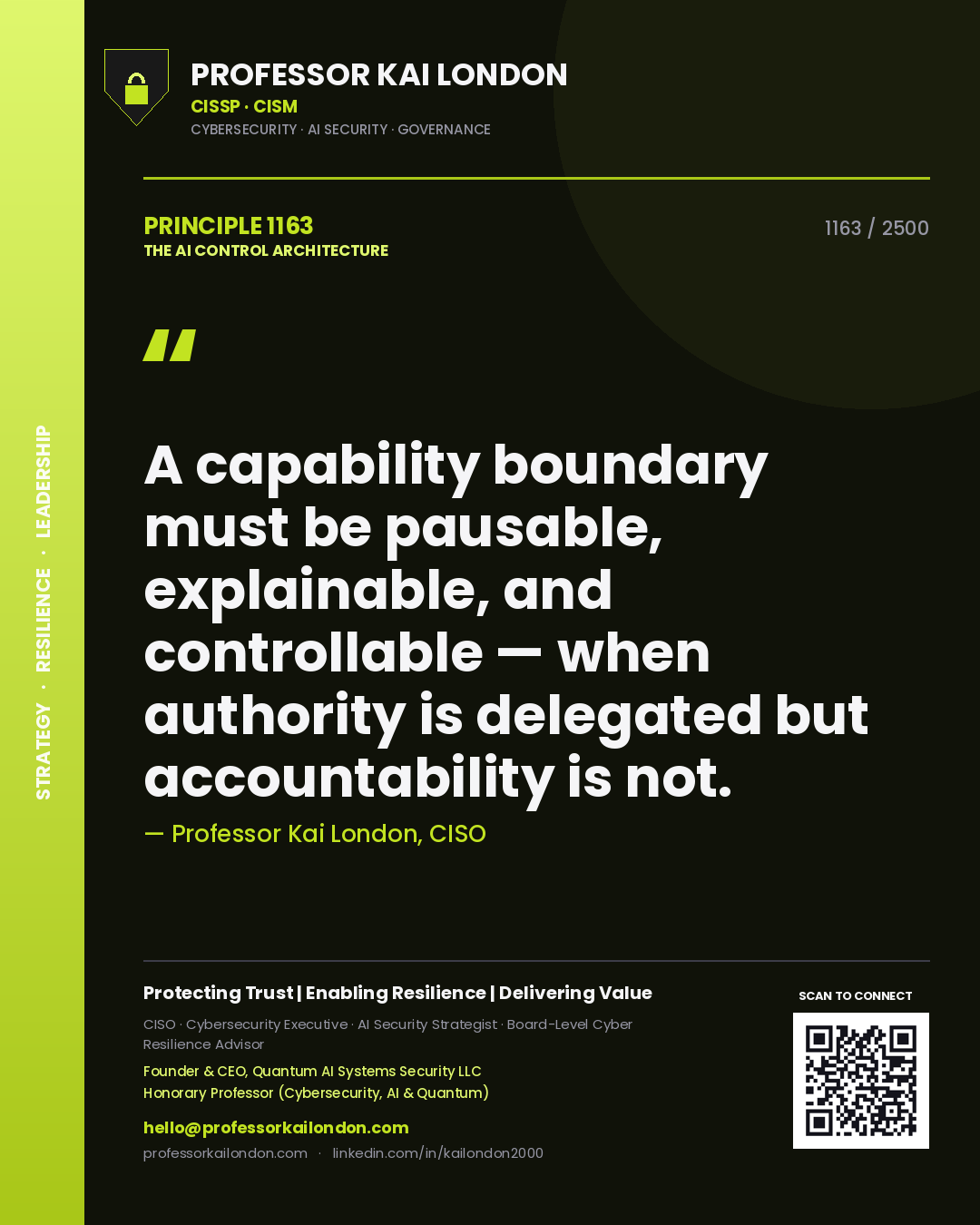 Professor Kai London principle 1163: A capability boundary must be pausable, explainable, and controllable — when authority is delegated but accountability is not.