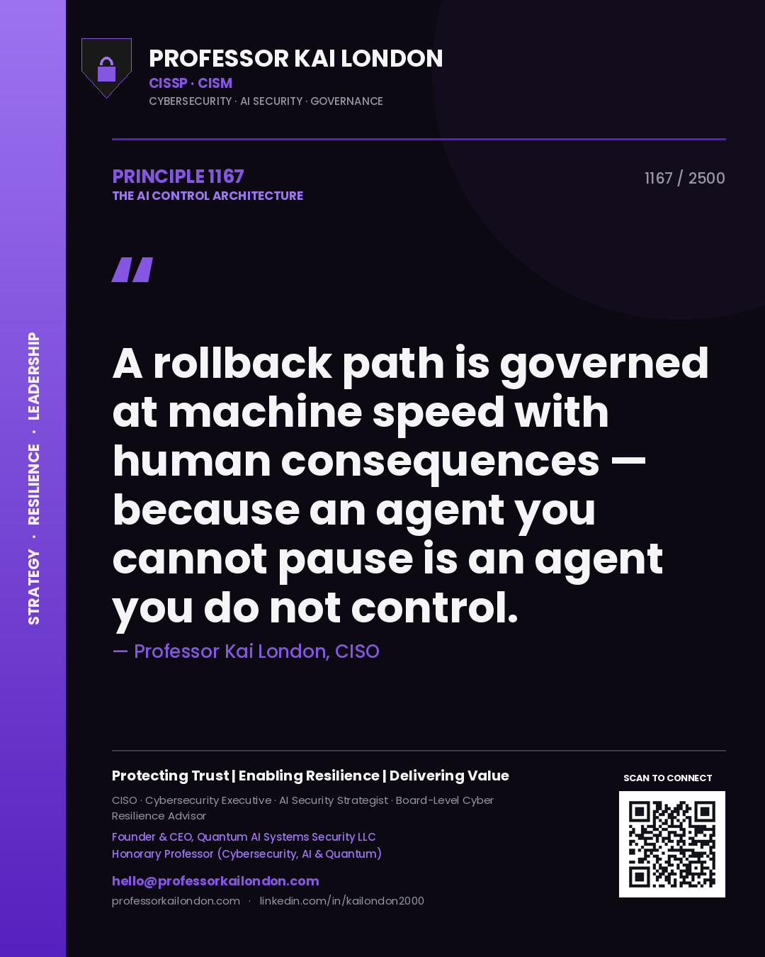 Professor Kai London principle 1167: A rollback path is governed at machine speed with human consequences — because an agent you cannot pause is an agent you do not control.