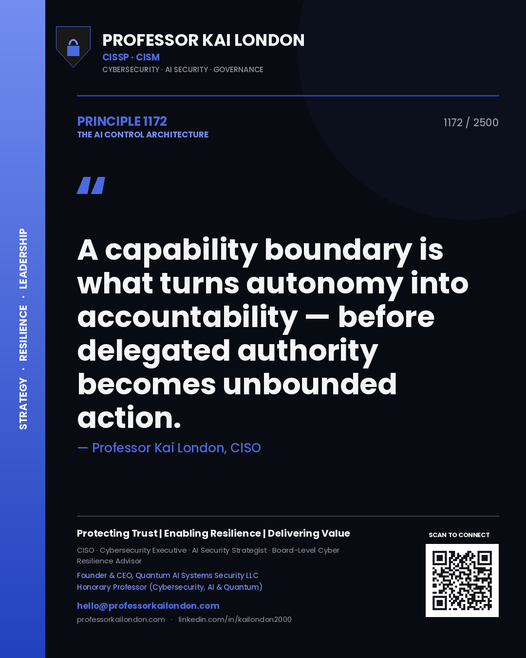 Quote card by Professor Kai London reading 'A capability boundary is what turns autonomy into accountability — before delegated authority becomes unbounded action.'. From the book The AI Control Architecture.