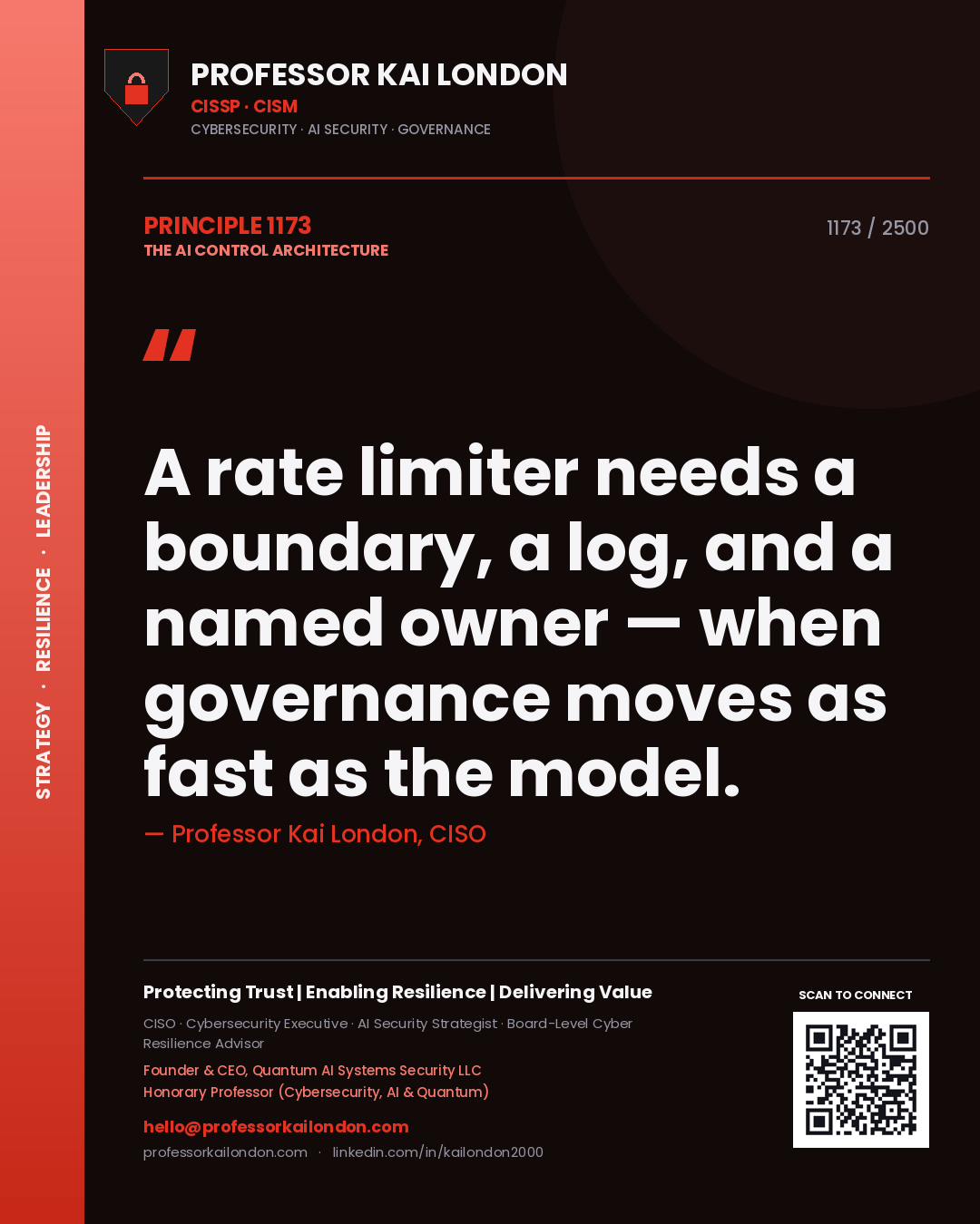 Quote card by Professor Kai London reading 'A rate limiter needs a boundary, a log, and a named owner — when governance moves as fast as the model.'. From the book The AI Control Architecture.