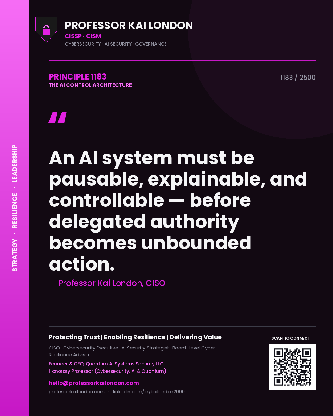 Professor Kai London principle 1183: An AI system must be pausable, explainable, and controllable — before delegated authority becomes unbounded action.