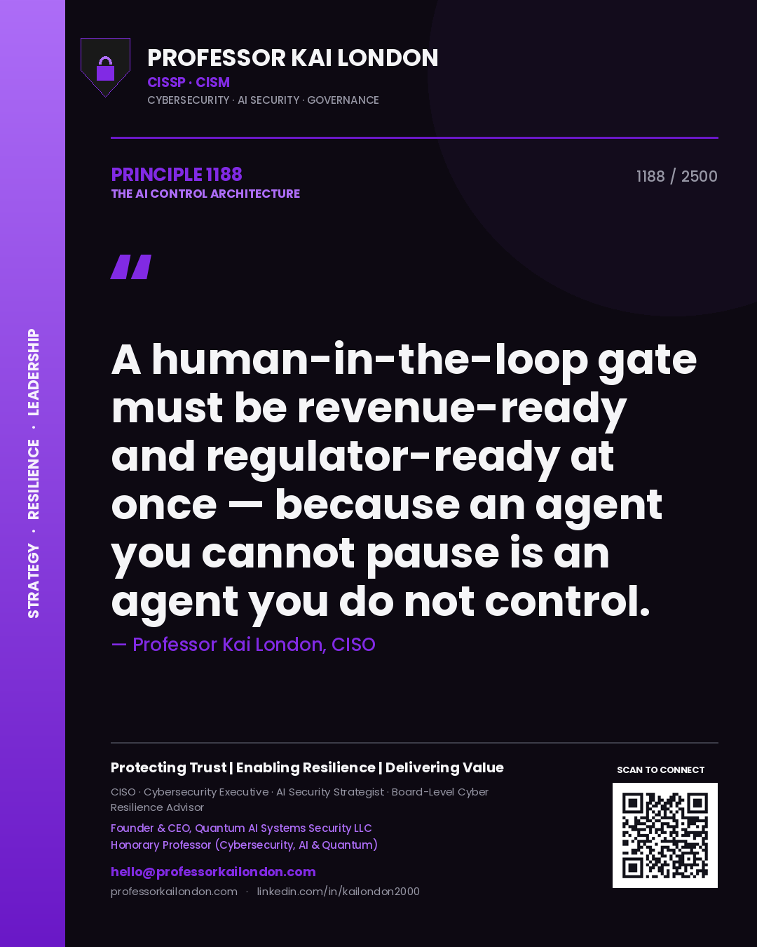 Quote card by Professor Kai London reading 'A human-in-the-loop gate must be revenue-ready and regulator-ready at once — because an agent you cannot pause is an agent you do not control.'. From the book The AI Control Architecture.