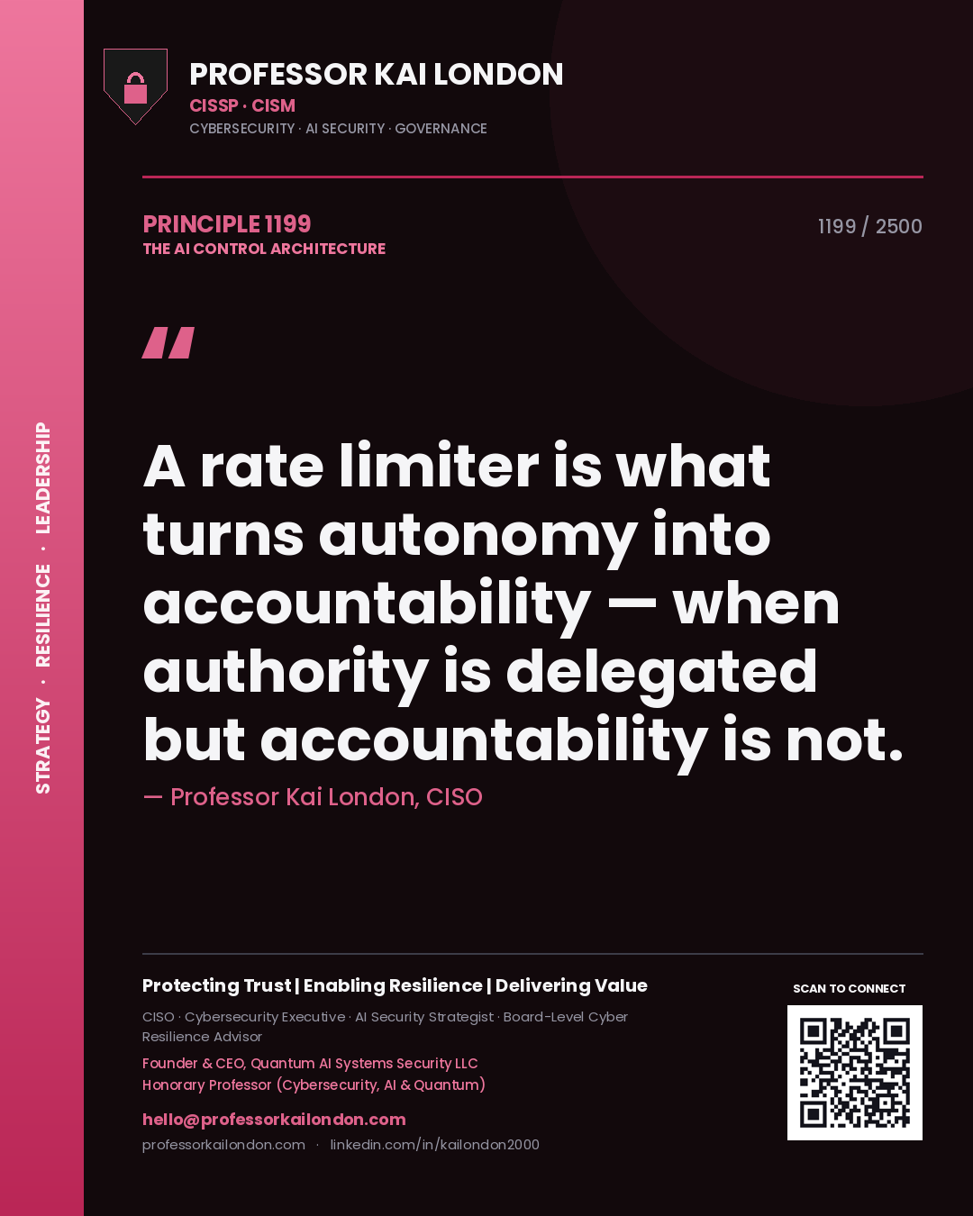 Professor Kai London principle 1199: A rate limiter is what turns autonomy into accountability — when authority is delegated but accountability is not.