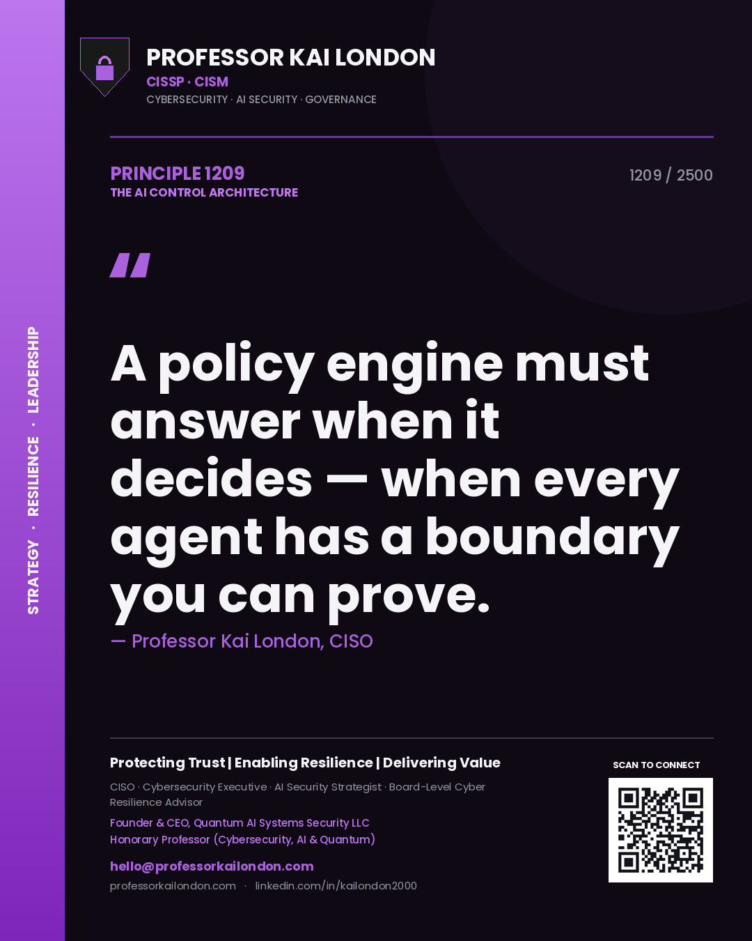 Quote card by Professor Kai London reading 'A policy engine must answer when it decides — when every agent has a boundary you can prove.'. From the book The AI Control Architecture.