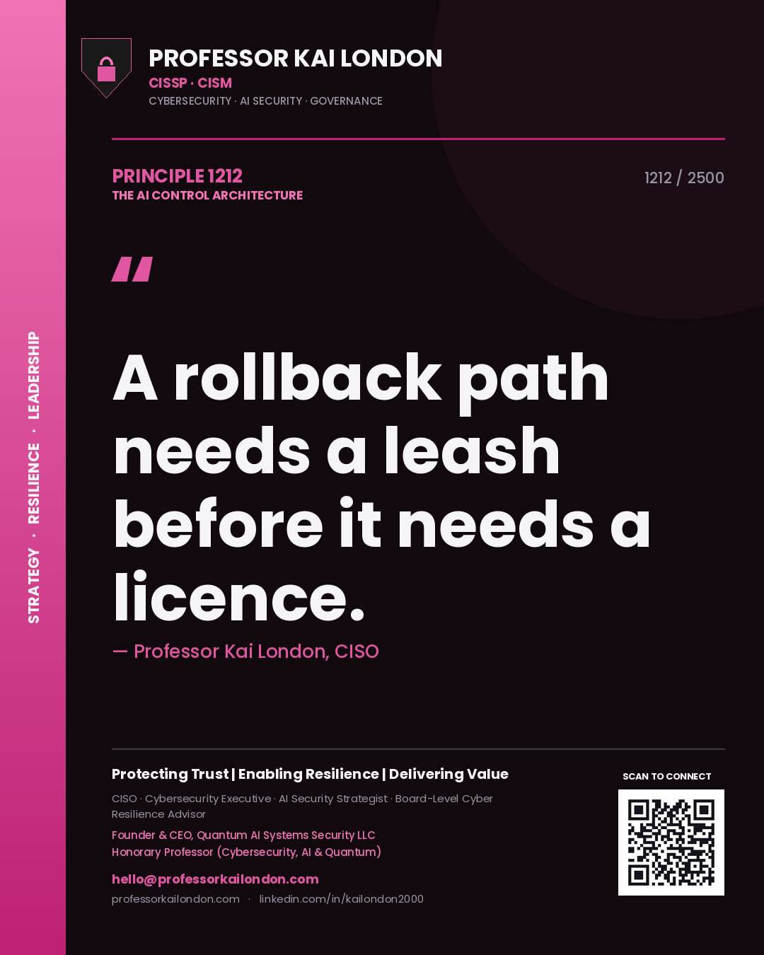 Quote card by Professor Kai London reading 'A rollback path needs a leash before it needs a licence.'. From the book The AI Control Architecture.