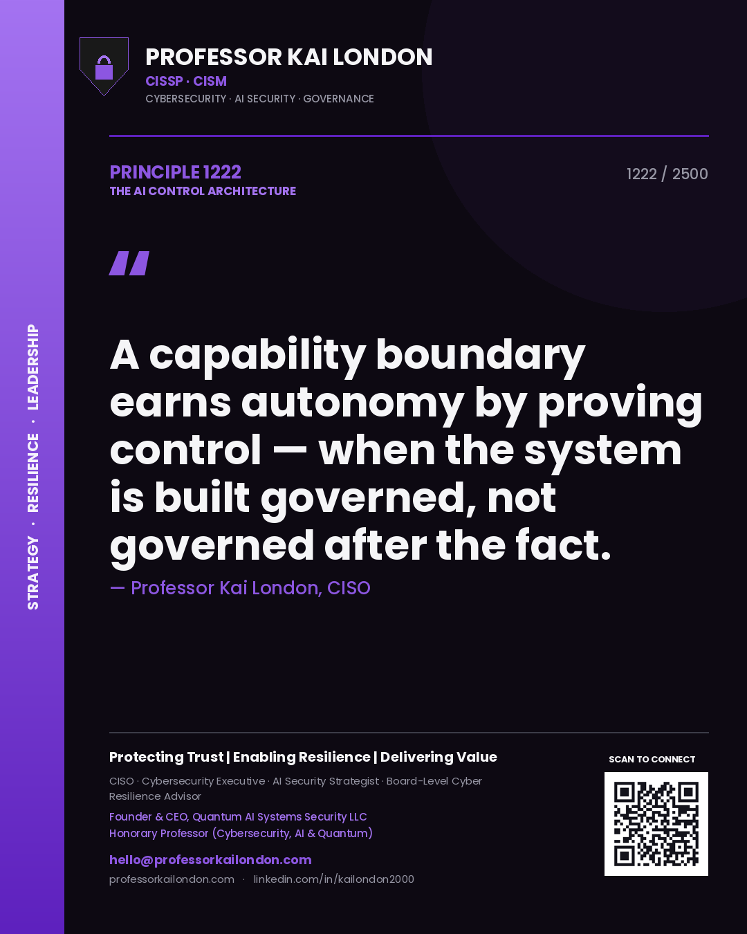 Quote card by Professor Kai London reading 'A capability boundary earns autonomy by proving control — when the system is built governed, not governed after the fact.'. From the book The AI Control Architecture.