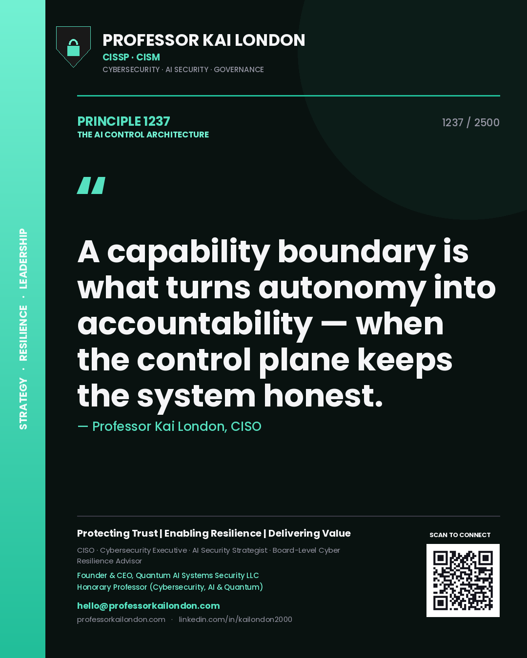 Quote card by Professor Kai London reading 'A capability boundary is what turns autonomy into accountability — when the control plane keeps the system honest.'. From the book The AI Control Architecture.
