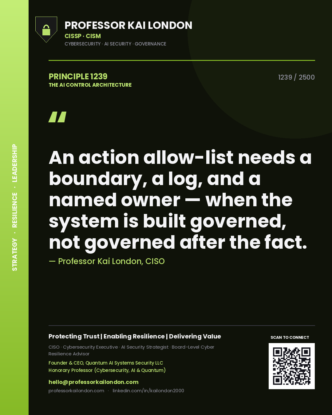 Quote card by Professor Kai London reading 'An action allow-list needs a boundary, a log, and a named owner — when the system is built governed, not governed after the fact.'. From the book The AI Control Architecture.
