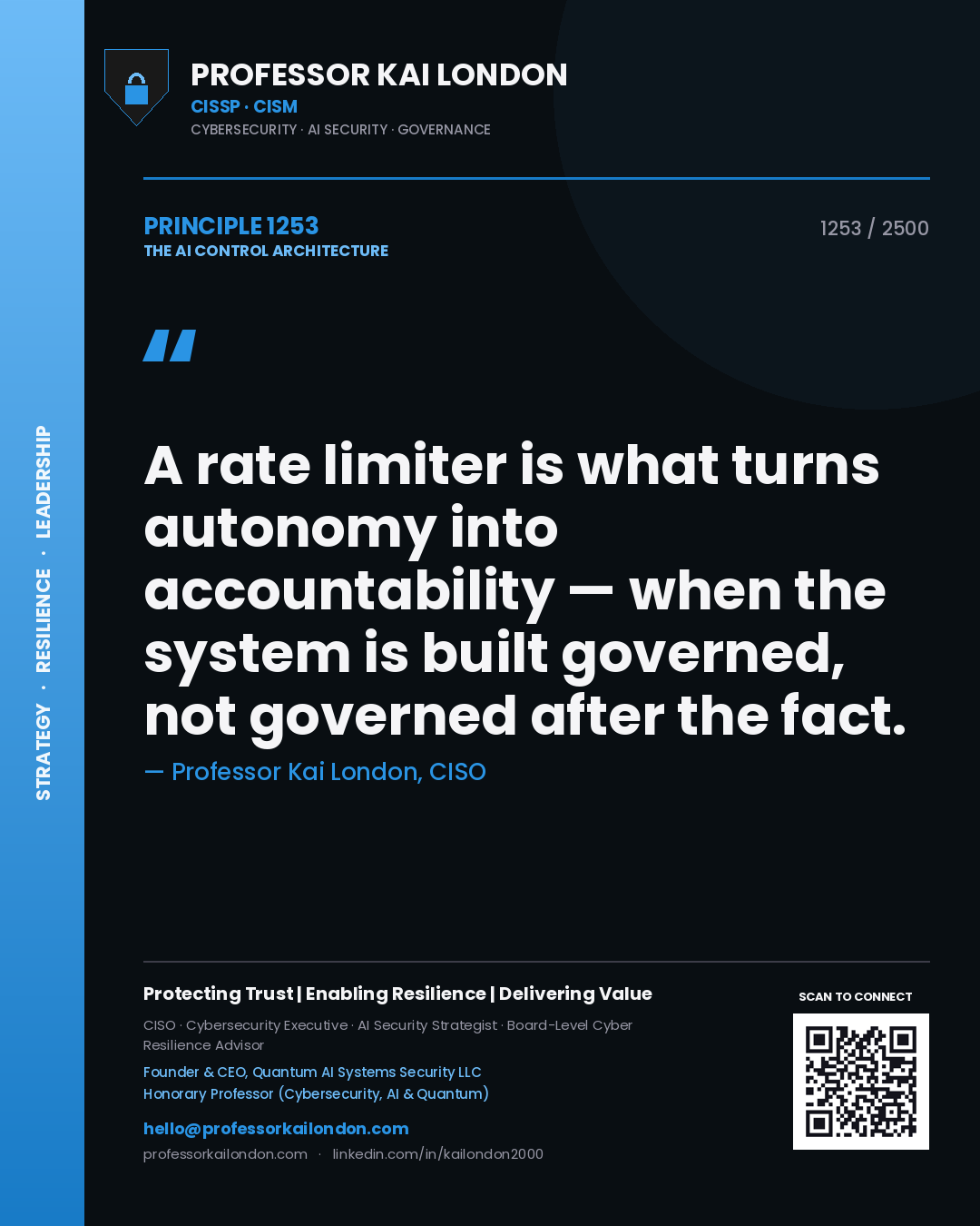 Quote card by Professor Kai London reading 'A rate limiter is what turns autonomy into accountability — when the system is built governed, not governed after the fact.'. From the book The AI Control Architecture.