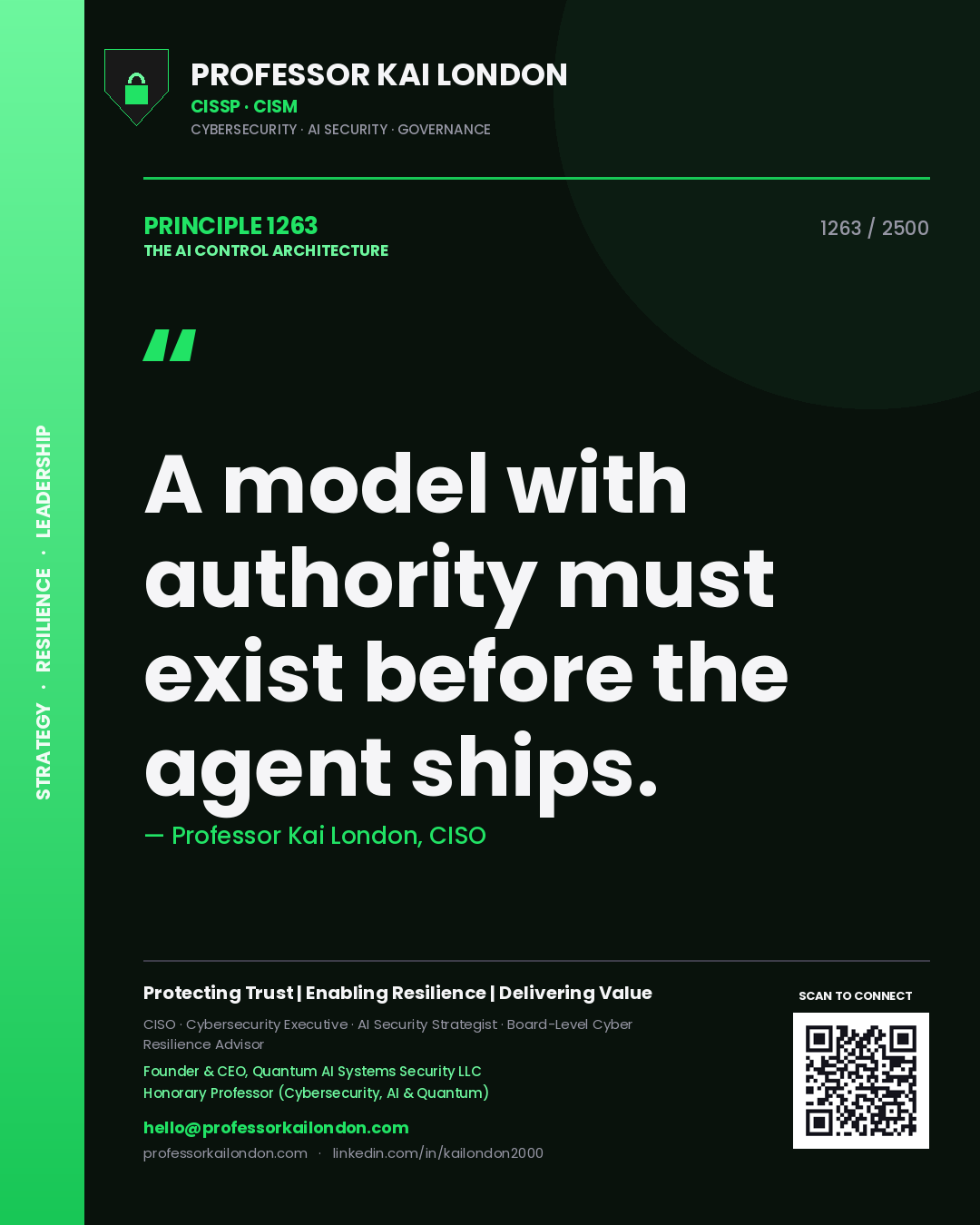 Professor Kai London principle 1263: A model with authority must exist before the agent ships.