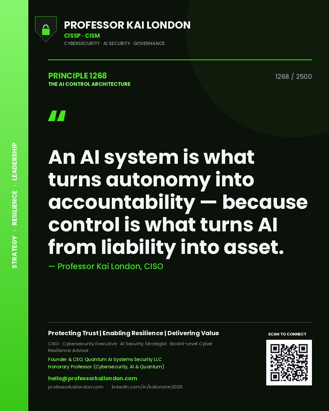 Professor Kai London principle 1268: An AI system is what turns autonomy into accountability — because control is what turns AI from liability into asset.