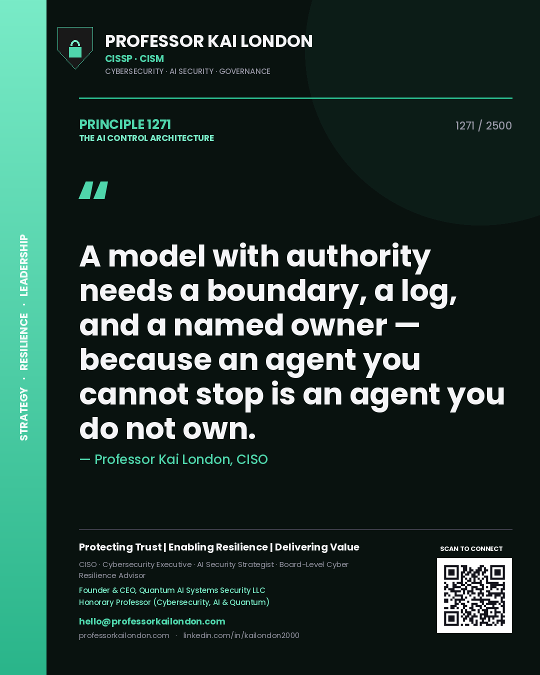 Quote card by Professor Kai London reading 'A model with authority needs a boundary, a log, and a named owner — because an agent you cannot stop is an agent you do not own.'. From the book The AI Control Architecture.