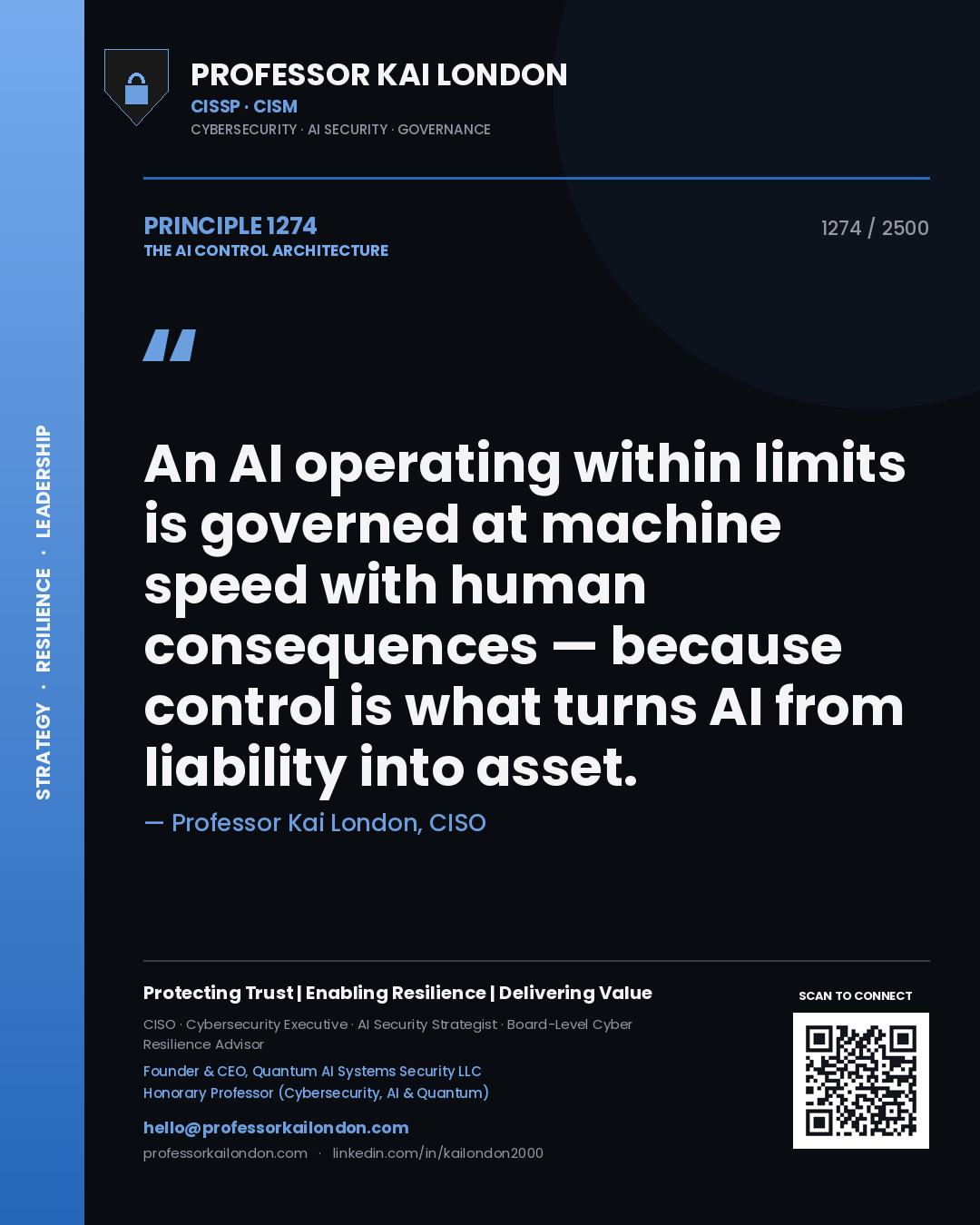 Professor Kai London principle 1274: An AI operating within limits is governed at machine speed with human consequences — because control is what turns AI from liability into asset.