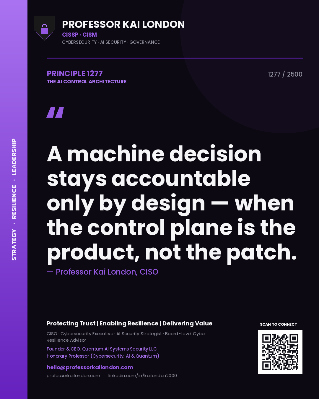 Quote card by Professor Kai London reading 'A machine decision stays accountable only by design — when the control plane is the product, not the patch.'. From the book The AI Control Architecture.