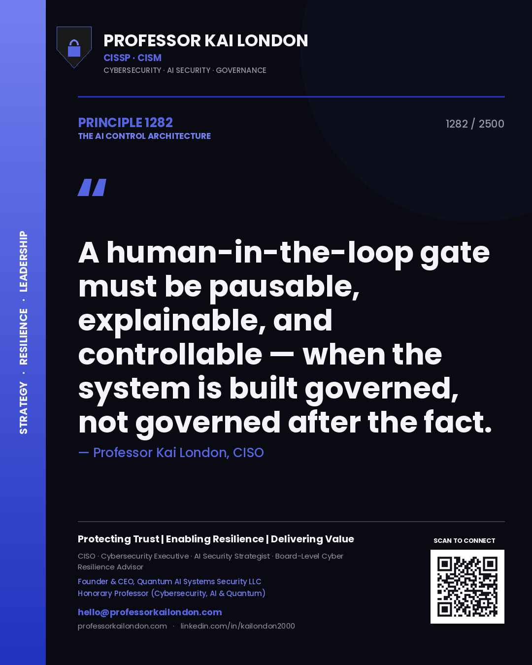 Quote card by Professor Kai London reading 'A human-in-the-loop gate must be pausable, explainable, and controllable — when the system is built governed, not governed after the fact.'. From the book The AI Control Architecture.
