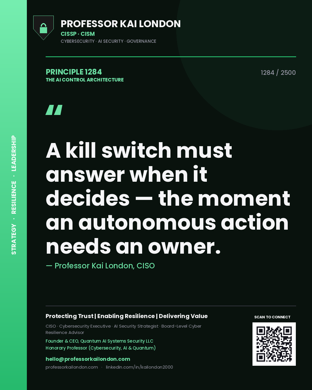 Quote card by Professor Kai London reading 'A kill switch must answer when it decides — the moment an autonomous action needs an owner.'. From the book The AI Control Architecture.