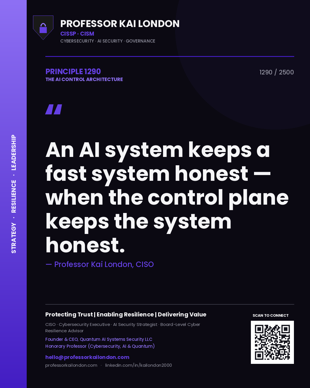 Quote card by Professor Kai London reading 'An AI system keeps a fast system honest — when the control plane keeps the system honest.'. From the book The AI Control Architecture.