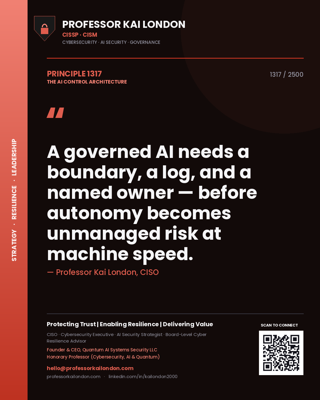 Professor Kai London principle 1317: A governed AI needs a boundary, a log, and a named owner — before autonomy becomes unmanaged risk at machine speed.